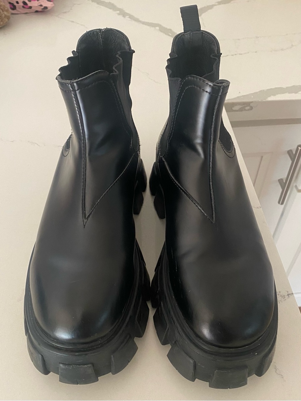 Prada CHELSEA Combat Black Leather Lug-Sole Ankle Boots Sz 38 US 8 Women's